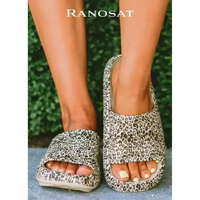 RANOSAT Women Leopard Print Cloud Slide Thick Sole Pillow Slippers Fashion Summer Holiday Home Outdoor Slippers Walking on th...