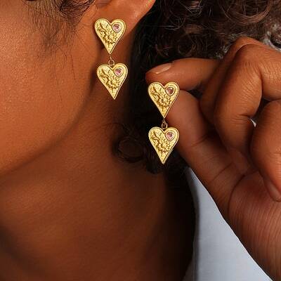 304 Stainless Steel Cubic Zirconia Heart Dangle Stud Earrings