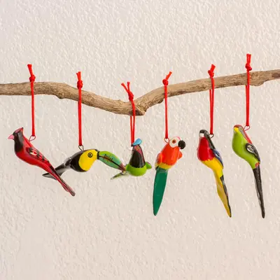 NOVICA Forest Birds Hanging Ornaments - Set of 6