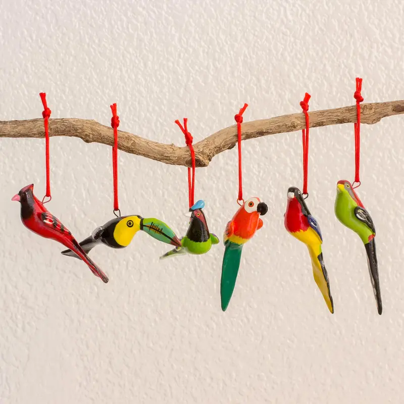NOVICA Forest Birds Hanging Ornaments - Set of 6