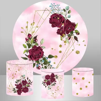 Aperturee Dark Red Rose Glitter Pink Round Happy Birthday Backdrop | Round Backdrop Cover Diy | Round Backdrop Stand Covers |...
