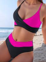 Women's Solid Color V Neck Swimsuit Set, Casual Fashion Chic Swim Top & Swim Bottom Two-piece Swimwear Set, Ladies Swimsuit f...