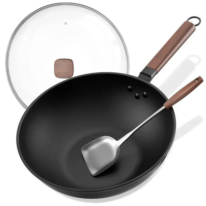 Carbon Steel Wok, 13 Inch Wok Pan with Lid and Spatula, Nonstick Woks and Stir-fry Pans, No Chemical Coated Flat Bottom Chine...