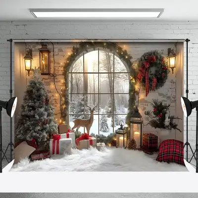 Aperturee Arched Window Deer Wreath Christmas Backdrop