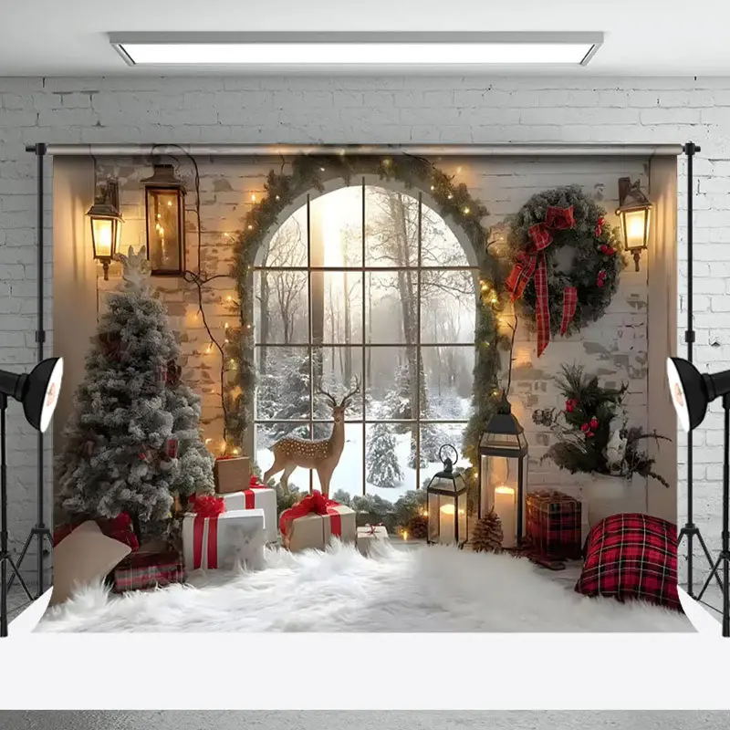 Aperturee Arched Window Deer Wreath Christmas Backdrop