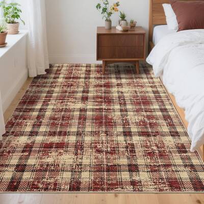 Garvee Washable 3x5 Tartan Plaid Rug with Non-Slip Rubber Backing, Soft Low Pile, Stain Resistant Accent for Living Room Bedr...