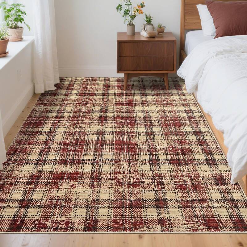 Garvee Washable 3x5 Tartan Plaid Rug with Non-Slip Rubber Backing, Soft Low Pile, Stain Resistant Accent for Living Room Bedr...