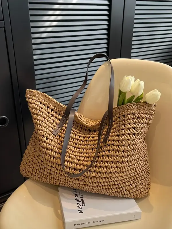Women's  Summer 2025 Trendy Straw Tote Bag, Casual Large Capacity Boho Style Shoulder Bag for Travel, Fashion All-match Bag f...