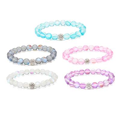 Synthetic Moonstone Round Beaded Stretch Bracelet with Rhinestone