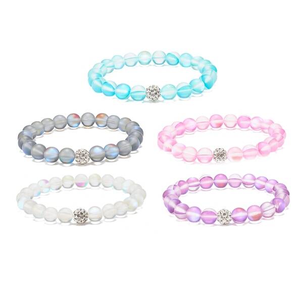 Synthetic Moonstone Round Beaded Stretch Bracelet with Rhinestone