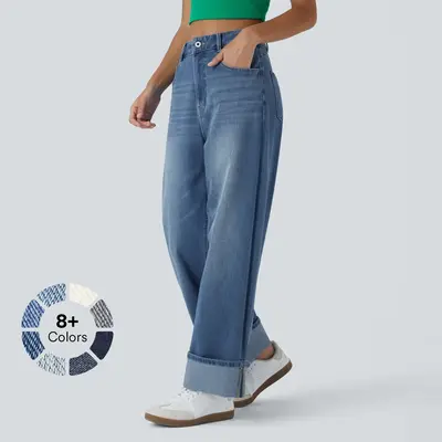 Halara Flex High Waisted Pockets Rolled Hem Wide Leg Washed Casual Jeans