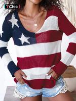 Women's Star & Striped Print V Neck Sweater, Casual Long Sleeve Jumper for Spring & Fall, Fashion Women's Knitwear for Daily ...