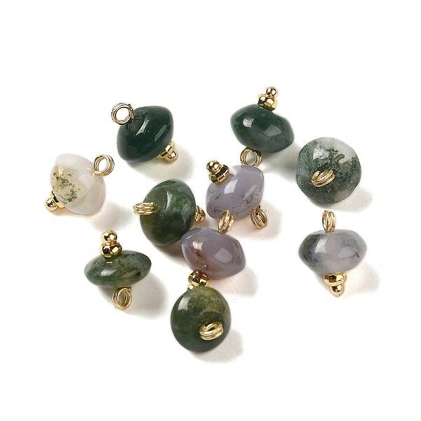 Natural Moss Agate Rondelle Charms with Rack Plating Brass Loops
