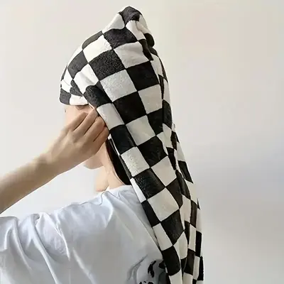Checked Pattern Hair Drying Towel, Soft Absorbent Thickened Hair Towel with Random Color Button, Hair Towel Wrap for Women & ...