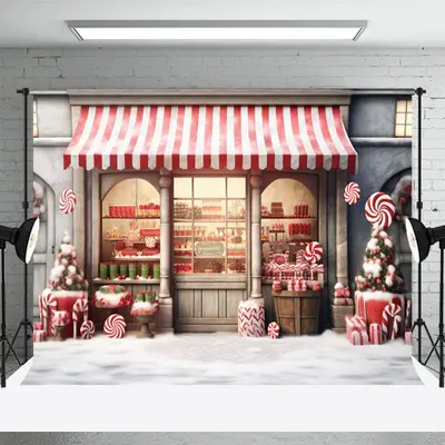 Christmas Store Red White Candy Portrait Backdrop - Aperturee