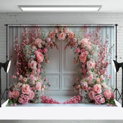 White Retro Wall Pink Arch Floral Wedding Backdrop