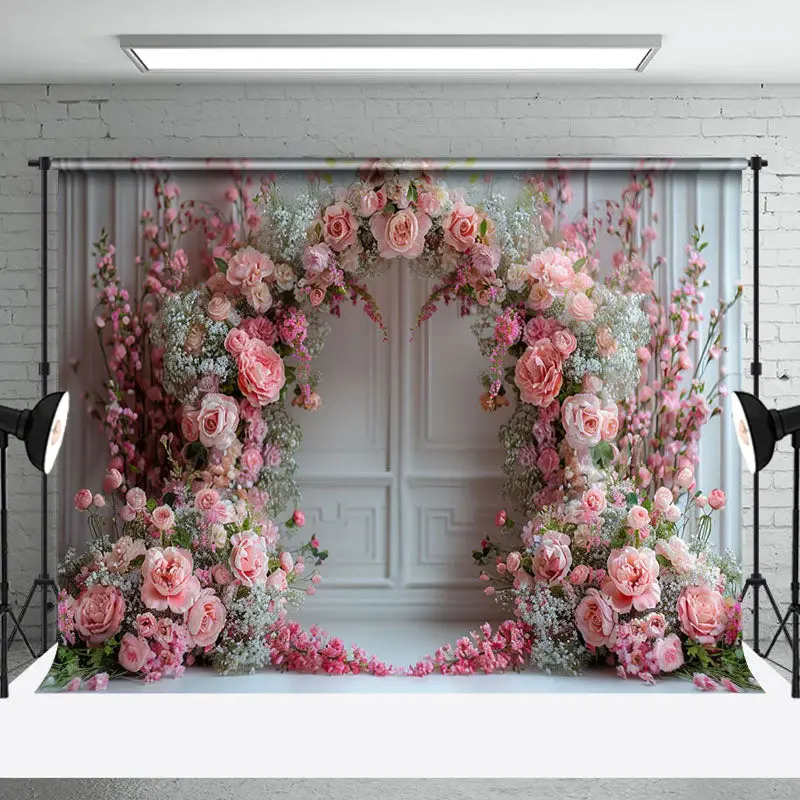 White Retro Wall Pink Arch Floral Wedding Backdrop