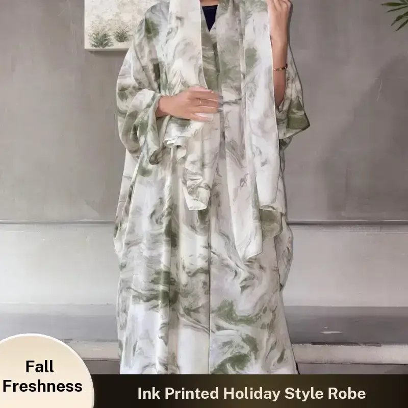 【FallFreshness】CL68-1 ink print cardigan, hijab set, polyester bat sleeves, fashion design, party, vacation, outerwear,Fa...