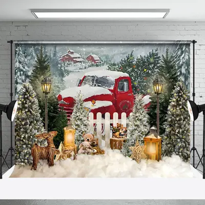 Aperturee Red Snowy Truck Teddy Bear Cabin Christmas Backdrop
