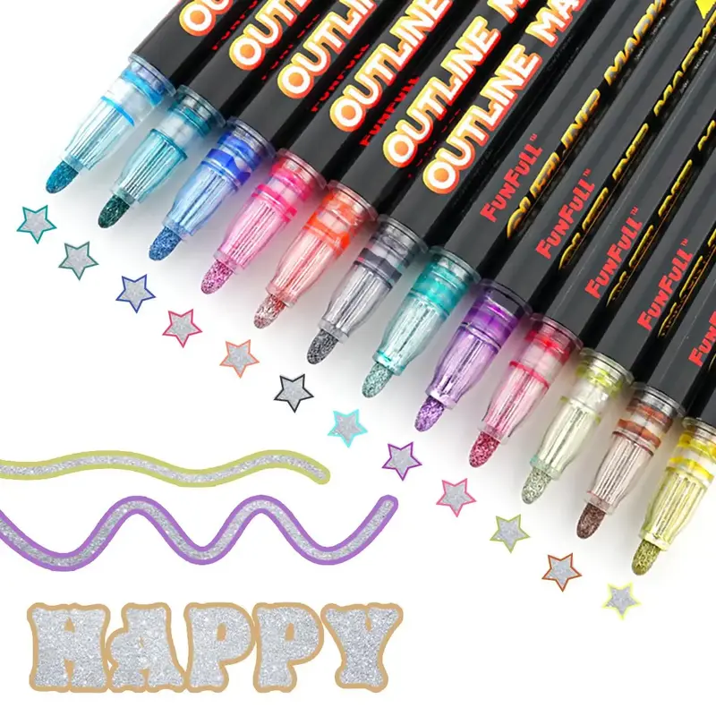 Double Line Outline Marker Pen Set, 12pcs/set Squiggles Shimmer Outline Marker Pen Set, Glitter Writing Drawing Pens for Birt...