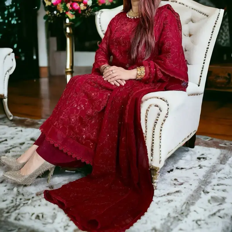 Rich Maroon Pakistani Dress with Shirt, Palazzo Pant, and Dupatta - Floral Embroidery, Lace, and Organza, Perfect for Eid, Pa...