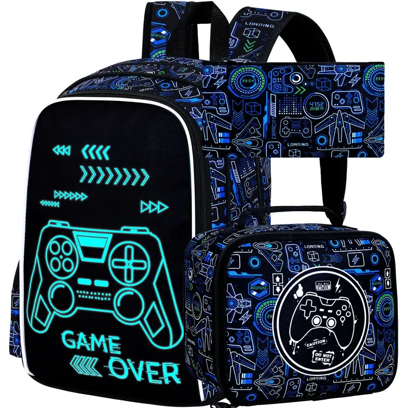17 Inches Glow in The Dark Gamer Backpack for Boys, 3Pcs video Game School Bookbag Set for Teens, Laptop Backpacks with Lunch...