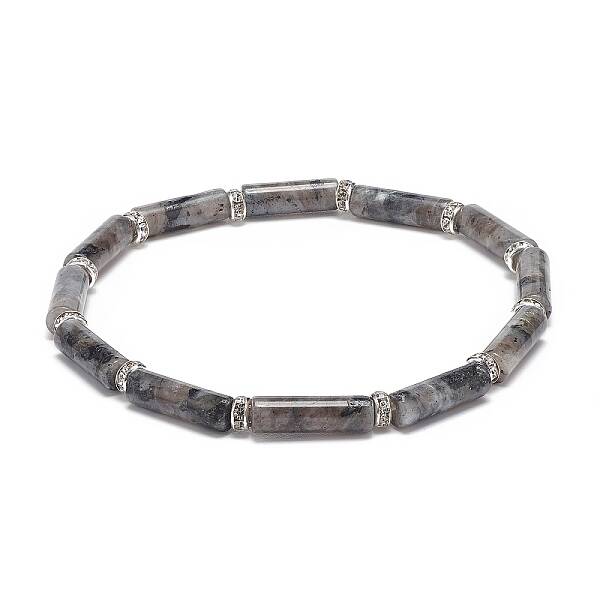 Natural Larvikite Column Beaded Stretch Bracelet