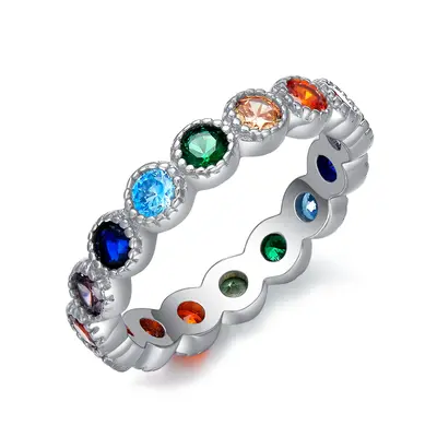 Sterling Silver Round Shaped Cubic Zirconia Chakras & Rainbow Ring