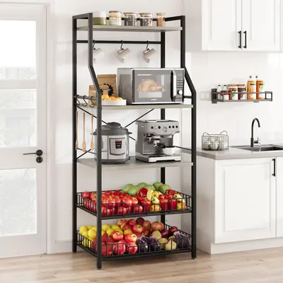 Garvee Rustic Microwave Stand, 5-Tier Storage Rack with Adjustable Feet and Anti-Tip Kit, Engineered Wood, Rustic Gray