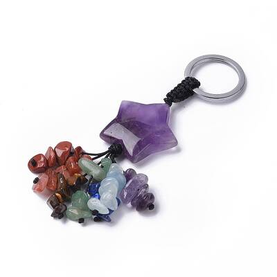 Natural Amethyst Star with Mixed Gemstone Chips Beaded Tassel Keychains