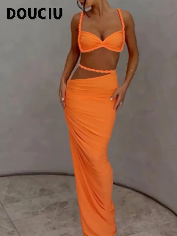 DOUCIU Multicolor Summer Beach Vacation Cool Light Sexy Hot Thin Women's Twisted Spaghetti Strap Vest Skirt Two-Piece Set, La...