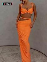 Women's Plain Twist Ruched Crop Sleeveless Cami Top & Skirt Two-piece Set, Slim Solid Minimalist Sleeveless Crop Spaghetti St...