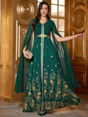 Women's Floral Embroidery Dress without Belt, Elegant Arabian Dress for Party Wedding Guest, Modest Clothes, Gowns, Ladies Sp...