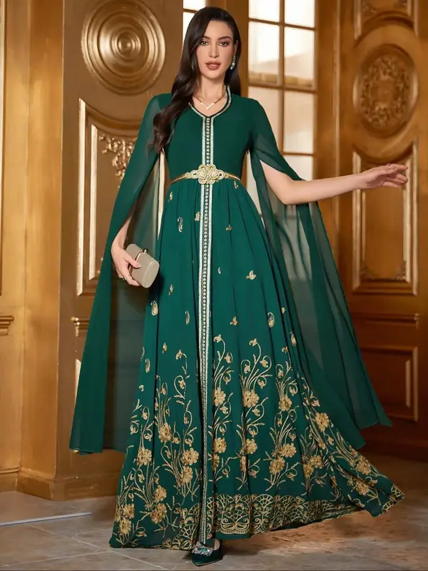 Women's Floral Embroidery Dress without Belt, Elegant Arabian Dress for Party Wedding Guest, Modest Clothes, Gowns, Ladies Sp...