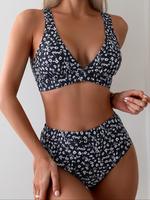 Two-Piece Set Women's Ditsy Floral Print Bikinis Set, Deep V Neck Backless Swim Top & High Waist Swim Bottom Swimsuit Set, L...