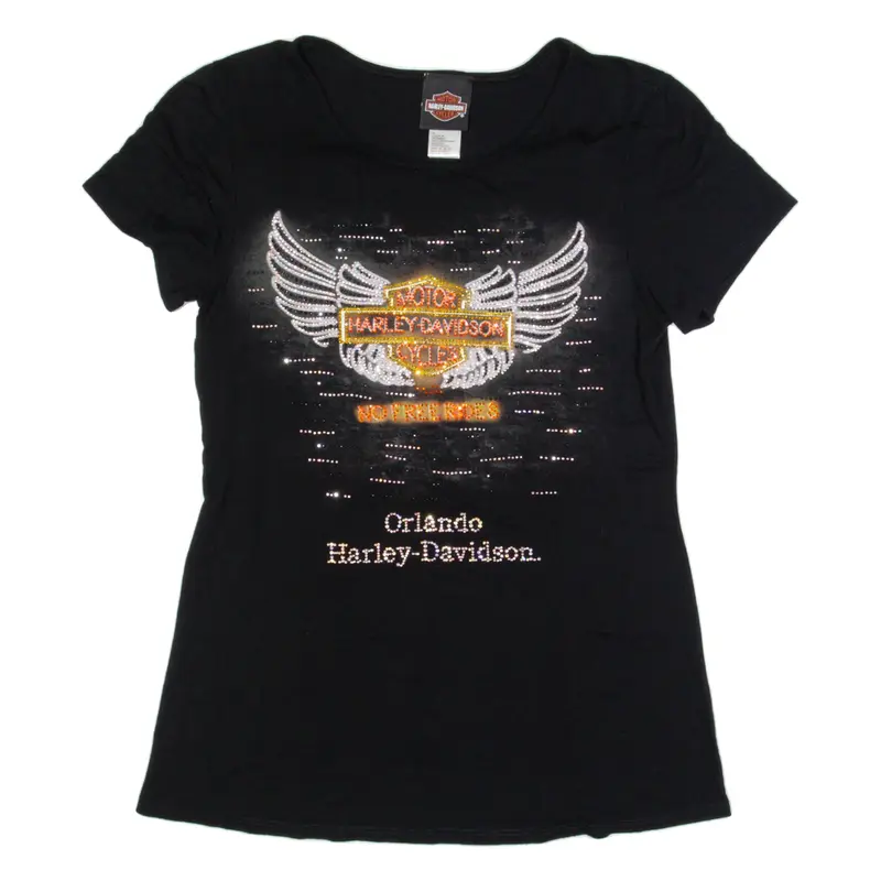 HARLEY DAVIDSON Orlando Rhinestones Tassels Womens T-Shirt Black USA M