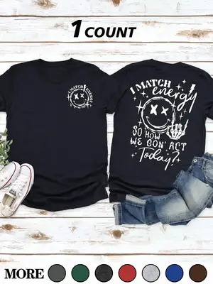 Women's I MATCH ENERGY Slogan Graphic Round Neck Tee, Fashion Casual Crew Neck Short Sleeve T-shirt for Daily Outdoor Wea...