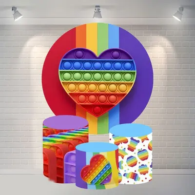 Aperturee Rainbow Love Pop It Circle Happy Birthday Backdrop | Round Birthday Backdrop Cover | Circle Party Backdrop | Birthd...