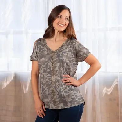 Camo Studded V-Neck Top - 1X
