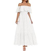ZESICA Women's 2025 Summer Off Shoulder Ruffle Midi Dress Short Sleeve High Waist Hollow Out Embroidery Party Dresses