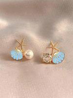 Faux Pearl Decor Shell & Starfish Design Stud Earrings, Elegant Minimalist Earring Stack for Women & Girls, Trendy All-match ...
