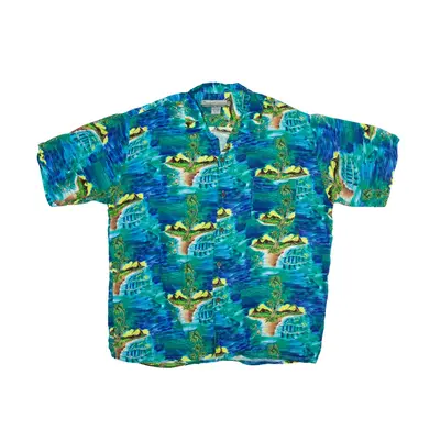 PINEAPPLE CONNECTION Hawaiian Shirt Blue Crazy Pattern Short Sleeve Mens L