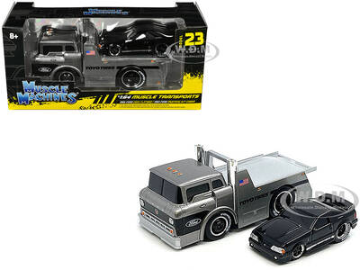 1966 Ford C600 Flatbed Truck Gray Metallic and 1993 Ford Mustang SVT Cobra Black Toyo Tires Muscle Transports Series 1/64 Die...