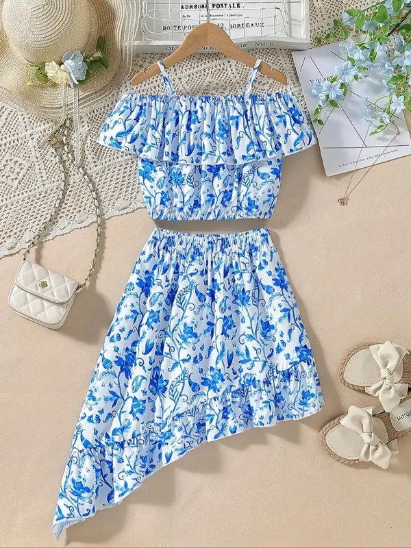 Two-piece Set Girl's Off Shoulder Crop Top & Floral Print Irregular Hem Skirt Set, Elegant Fashion Casual for Daily Outdoor W...