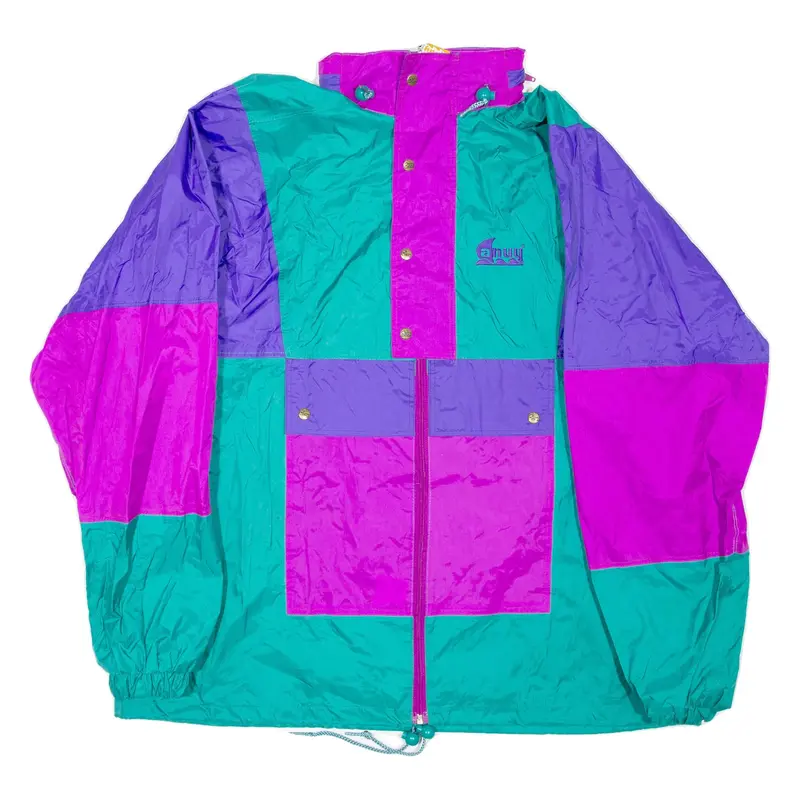 ANUY Mens Rain Jacket Green Nylon Hooded Colourblock L