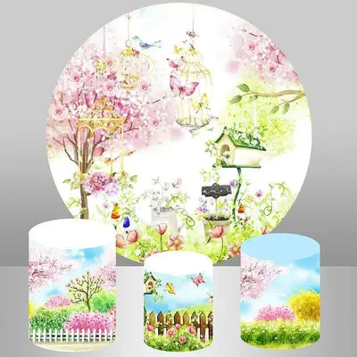 Aperturee Pink Floral And Green Leaves Garden Round Backdrop | Birthday Round Backdrop Cover | Circle Background For Party | ...