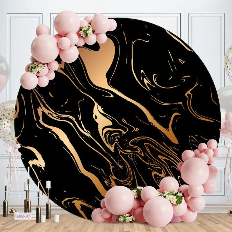 Aperturee Black Gold Abstract Line Round Birthday Backdrop
