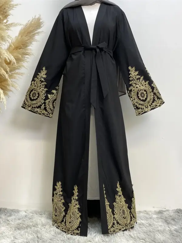 💫Golden Lace Abaya Dress ! Hand-Embroidered Sleeves & Hem | Adjustable Waist Belt + Premium Nida Fabric | Only one abaya d...