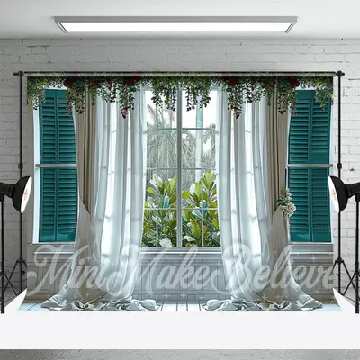 White Curtain Trees Floral Door And Window Backdrop - Aperturee