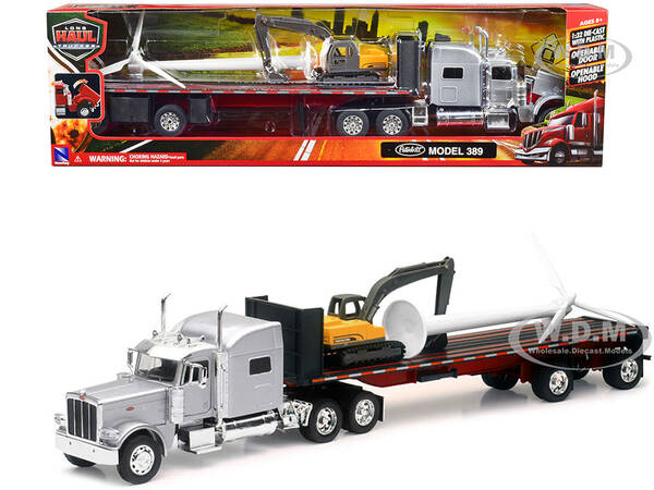 Peterbilt 389 Truck with Flatbed Trailer Silver Metallic with Excavator and Wind Turbine \